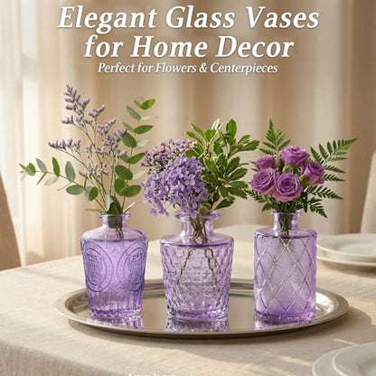 Set of 15 Purple Glass Bud Vases Small Textured Flower Vases - color: Purple