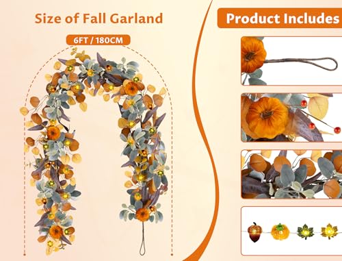 Fall Garland with Lights, 6FT Fall Leaves Garlands, Artificial Eucalyptus Garland with Pumpkins Berries for Home Mantle Fireplace Decor Thanksgiving Christmas Party Autumn Decoration (6FT)