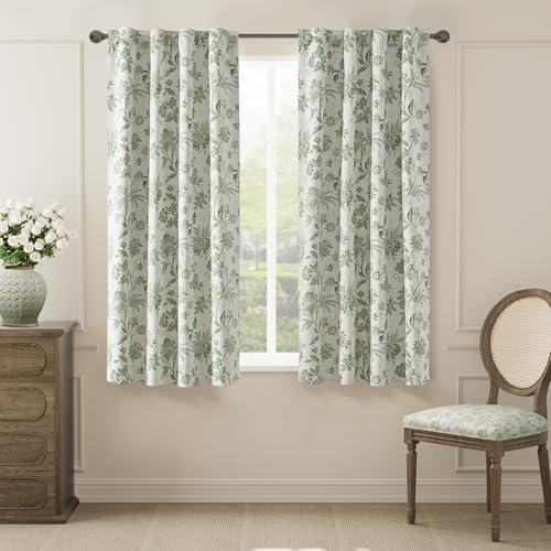 jinchan Green Floral Blackout Curtains 63 Inch Vintage Back Tab 2 Panels - color: *Green, size: 40"W x 63"L (Pack of 2)