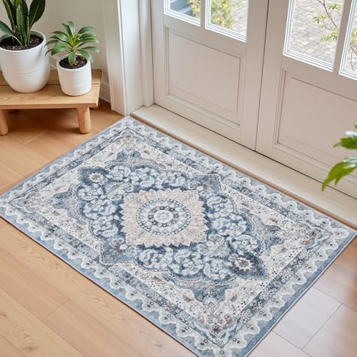 Macgace Washable Vintage Small Area Rug for Entryway, 2x3 Rugs Blue & Beige - color: Blue & Beige, size: 2' x 3' (Rectangular)