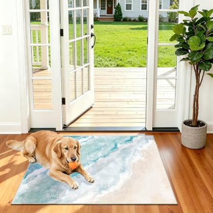 Beach Pattern 3x4ft Runner Rug Non Slip Washable Kitchen Runner Rug with Rubber Backing，Low-Pile Soft Washable Runner Rugs for Hallway Entryway Kitchen Bedroom Living Room Bathroom - color: Light Blue Beach, size: 3' x 4' (Rug)