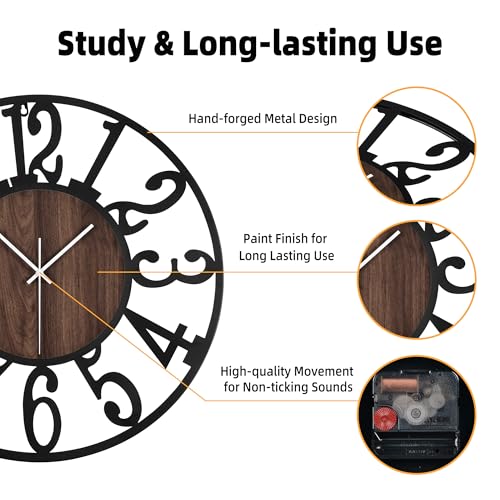 20" Silent Wall Clock – Adjustable Night Light, Battery Operated - color: Black Walnut - Arabic Numerals, size: 20 inch(50 cm)