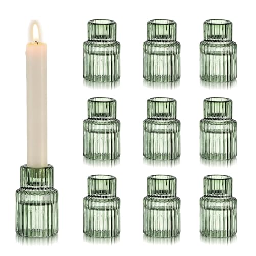 Hewory Taper Candle Holders Bulk, 10PCS Green Glass Candlestick Holders - color: Green, size: 10PCS