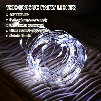 White Fairy Lights Battery Operated (Included), 8 Modes & Auto Timer, 16FT 50Led Mini Twinkle Silver Wire Firefly Starry Lights, Waterproof Battery Operated Lights for Mason Jars Bedroom - color: White, size: 1 Pack - Batteries Included