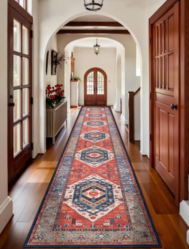 SERISSA 2'6"x16' Washable Non Slip Boho Runner Rug for Hallway，Rust - color: Rust/Multi, size: 2'6" x 16' (Runner)