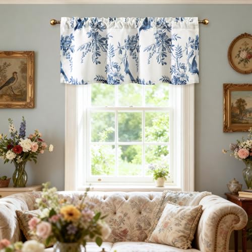 Leeva Animal Patterned Valances for Window, Farmhouse Elegant Bird and Plants Valance Curtains for Living Room, Rod Pocket Linen Textured Decorative Window Treatment for Bedroom, 52 x 18 - color: B4, size: 52"W x 18"L (Pack of 1)