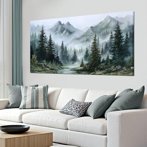 Tarfupth Large Misty Forest Wall Art for Living Room Green Nature Mountain Landscape Canvas Artwork with Trees and River Nature Art for Bedroom Office Home Decor 24x48 Inch - size: 24L" x 48W"