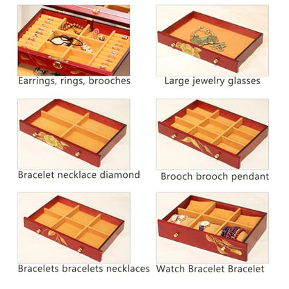 Hand Painted Rose Wood Jewelry Box 6-Layer Lockable Organizer Red