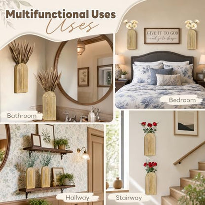 Wooden Wall Vase with 20 Eucalyptus, 2 Mount Options, Brown, 2 Pcs - color: Natural