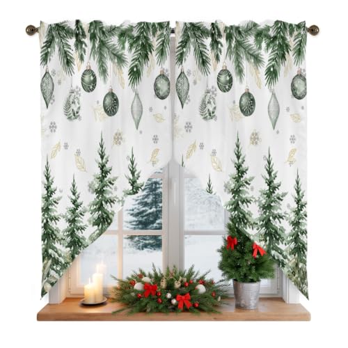 Christmas Swag Valances Kitchen Curtains 36 Inches Length,Winter Green Xmas Trees Pine Needle Tier Drapes Swag Topper,Sparkle Ball Snowflakes Short Window Treatments for Small Windows 2 Panels 28"x36" - color: Green White Gold, size: 28"W x 36"L (Pack of