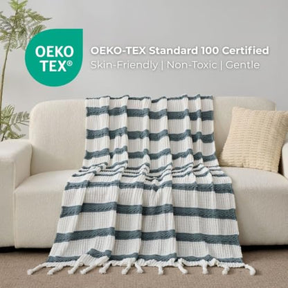 Boho Knitted Chenille Blanket with Tassels - Lightweight & Soft All-Season Throw - 3D Classic Pattern for Living Room Bedroom Couch, Celestial Blue(Striped), Throw 50"x60" - color: Celestial Blue(striped), size: Throw