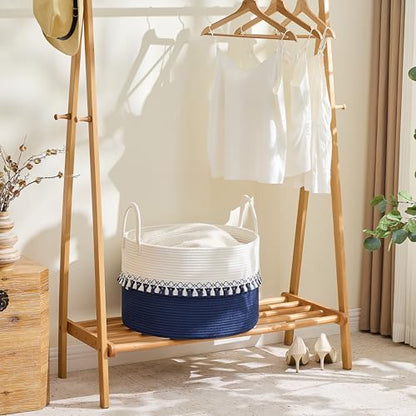 KAKAMAY Large Blanket Basket with Handles, Storage Basket for Living Room - color: Blue Fringe