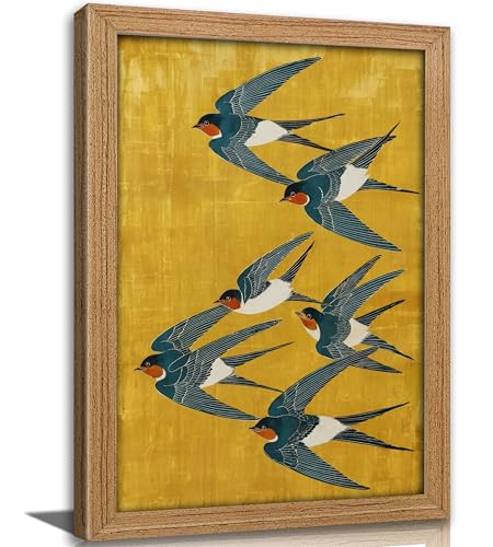 Wood Framed Swallow Wall Art, Vintage Japanese Bird Canvas Print, Japanese Flying Swallow Wall Decor, Cottage Farmhouse Animal Poster Artwork for Living Room kitchen Bedroom, 12x16in - color: Swallow, size: 16"Lx12"W