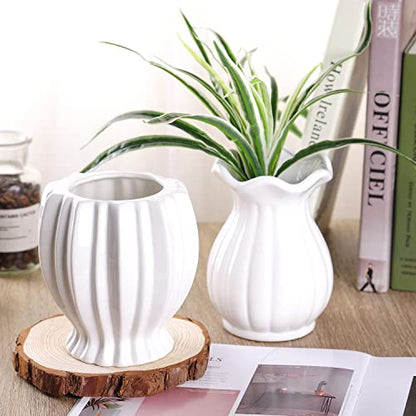 VanEnjoy 6 inch Modern Ribbed Design Small White Ceramic Decorative Tabletop Centerpiece Vase Flower Pot - White Spiral - style: Tropical