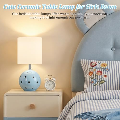 Small Table Lamp, 14" Blue Ceramic Bedside Lamp for Girls Kids Bedroom,Dorm - color: Blue
