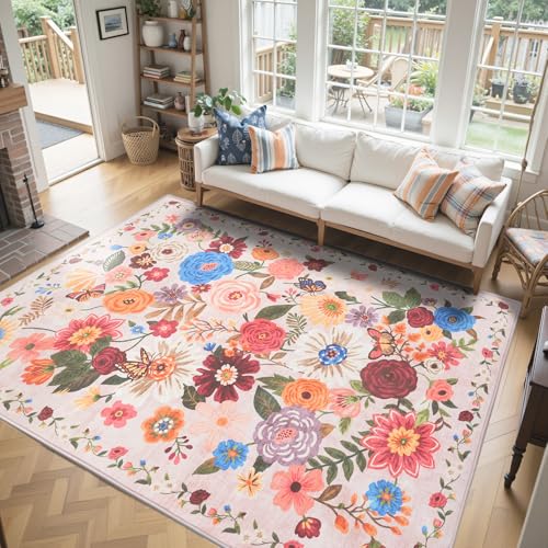 Blush Washable Area Rug 8x10, Large Soft Floral Carpet for Living Room - color: Blush Beige, size: 8' x 10' (Rectangular)