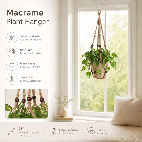 Macrame Plant Hanger 23", Set of 2 No Tassel Hanging Plant Holder Indoor, Sturdy Flower Pot Holder with Hooks - Brown (Pot NOT Included) - color: Brown, size: 23"-2pcs