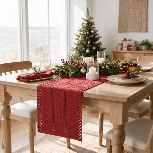 Artoid Mode Rose Red Woven Farmhouse Hollow Table Runner 12x36 Inch - color: Rose Red, size: 12" x 36", Table Runner