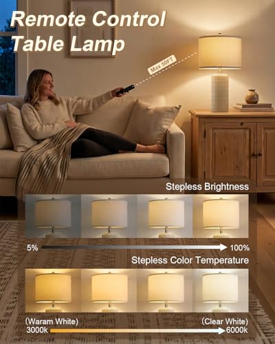 PoKat 23’’ Dimmable Table Lamps Set of 2 with Remote for Living Room, White - color: Cream