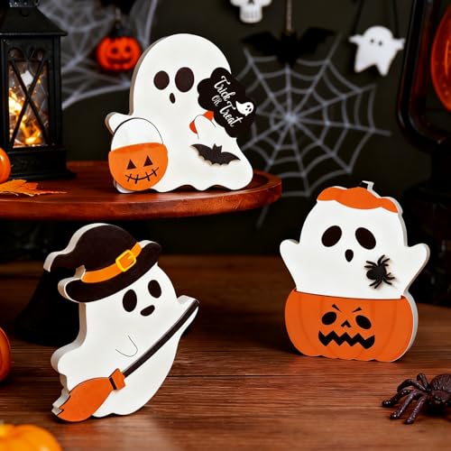 Cute Halloween Decorations Indoor, 3 PCS Wooden Ghost Halloween Decor for Home Table Office Desk Tiered Tray Party Shelf Display Mantle Kitchen Room Spooky Decorations - style: Ghost