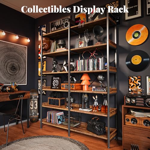 Huuger 6 Tier Bookshelf with 12 Open Shelves and Raised Baffle, Rustic Brown - color: Rustic Brown, size: 6 Tier