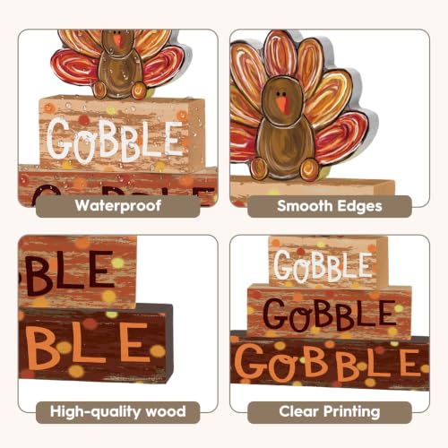 Smile Thanksgiving Wooden Block Signs, Gobble Turkey Decorations - style: Turkey
