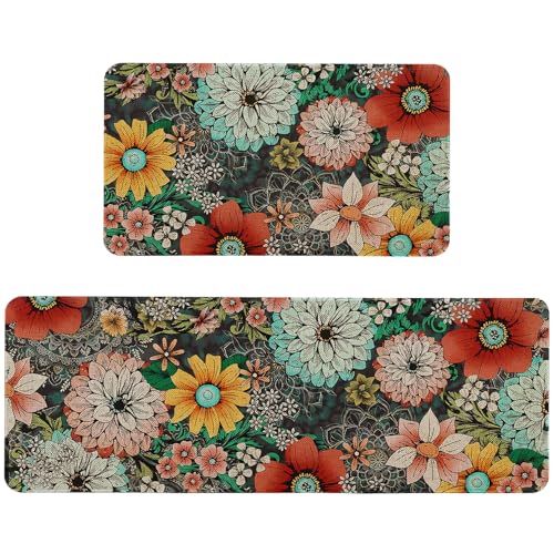 Boho Floral Kitchen Mats Set of 2 Non Slip Farmhouse Boho Flowers Kitchen Rugs Bohemia Home Decor Low-Profile Washable Floor Mat 17x47 Inch and 17x29 Inch - color: Boho Kitchen Mat-04, size: 17x47 inch and 17x29 inch