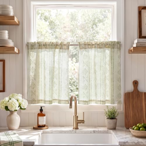 jinchan Linen Striped Tier Curtains for Kitchen Windows Boho - color: Boho Green | on Beige, size: 26"W x 24"L (Pack of 2)