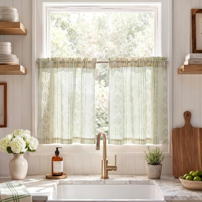 jinchan Linen Striped Tier Curtains for Kitchen Windows Boho - color: Boho Green | on Beige, size: 26"W x 24"L (Pack of 2)
