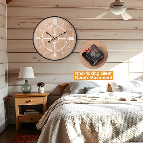 Large Farmhouse Wall Clock 24/30 Inch, Rustic Wood Veneer MDF Clock, Black Metal Frame, Silent Non-Ticking with Roman Numerals for Living Room Kitchen Bedroom - size: 30 inch