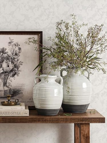Large White Ceramic Vase with 2 Handles, 11.3 Inch, Farmhouse Rustic - color: Winnie - Aurora White, size: L(10.8"-11.8")