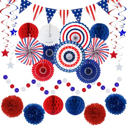 24 Pcs Patriotic 4th of July Decorations Kit, Paper Fans Pom Poms 8-16 in - color: Red, White and Blue