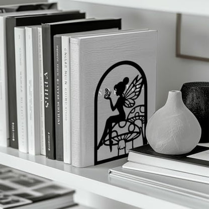 Peacoblue 5.3"x3.5"x7.8" Metal Bookends, Heavy Duty Book Ends for Shelves - color: Fairy and Mushroom