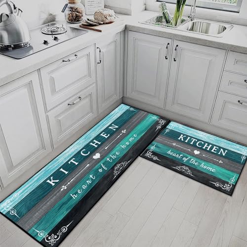 Kitchen Rugs Set of 2 Non Slip WashableTurquoise Farmhouse Rustic - color: Rustic Teal Grey