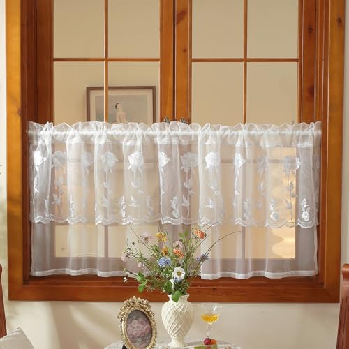 2 Panels White Rose Sheer Valances for Windows Double-Layered Lace Floral Embroidered Kitchen Curtains Over Sink Cafe Curtain, Window Short Small Drapes(White,55"x18") - color: White, size: 55"W x 18"L (Pack of 2)