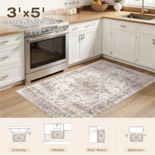 Washable Rugs 3x5: Non Slip Soft Neutral Brown Entry Area Rugs - color: Brown, size: 3' x 5' (Rectangular)