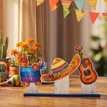 Smile Cinco De Mayo Standing Wooden Decor Set, 3-Piece Mexican Fiesta Wooden Cutouts (Sombrero, Guitar, Piñata) for Tabletop & Party Display - style: De Mayo
