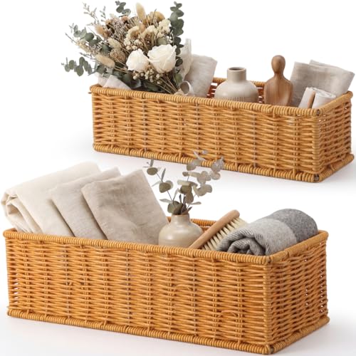 Threehoney 2 Pack Wicker Toilet Tank Baskets, 2 Sizes Handwoven Rattan Bathroom Storage Baskets with Metal Frame, Rustic Farmhouse Decorative Organizer Holders Bins for Tissues Vanity Shelves Supply
