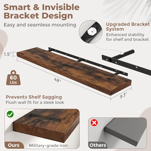 48 Inch Floating Shelves, 9"Deep Wall Shelf, 60 Lbs Capacity, Brown, 2pcs - color: Brown, size: 48"Wx9"Dx1.5"H