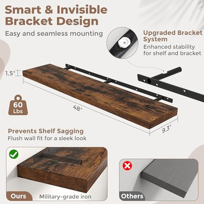 48 Inch Floating Shelves, 9"Deep Wall Shelf, 60 Lbs Capacity, Brown, 2pcs - color: Brown, size: 48"Wx9"Dx1.5"H