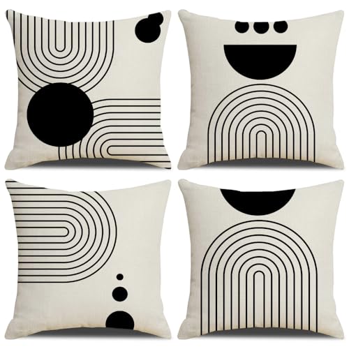 IcosaMro Boho Pillow Covers 18x18 Set of 4 Mid Century Black and White - color: Geometric Curve