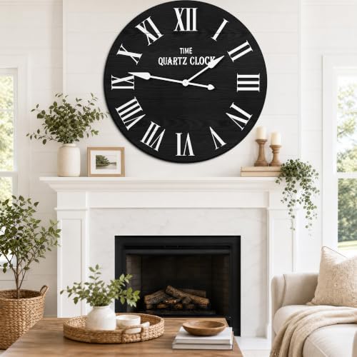 ARTPOWER 35.5" Extra Large Farmhouse Wall Clock,Solid Wood Veneer,Black - color: Black, size: 35.5"W x 35.5"H