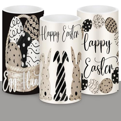 Retisee 3 Pcs Black Brown Easter Flameless LED Candles Battery Operated Bunny Spring Flickering Pillar Candles with Remote Rabbit Easter Centerpiece for Bedroom Living Room Dinner Table Decoration - style: Black Brown