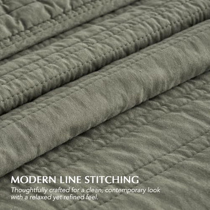 EVERGRACEHOME 100% Cotton Modern Lines Quilt Set King Size, Olive Green - color: Olive Green, size: King (108" X 92")
