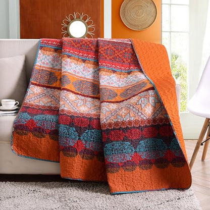 Exclusivo Mezcla Reversible Boho Quilted Throw Blanket, 50"x 60" - color: Bohemian Red and Orange, size: 50 x 60 inch