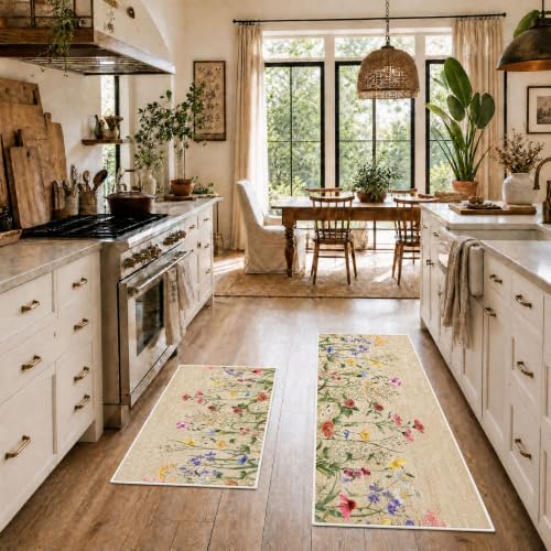 Farmhouse Wildflower Kitchen Rugs Mats for Floor Set of 2, Polyester - color: Floral, size: 59''Lx23.5''W+35.5''Lx23.5''W-0.12''H