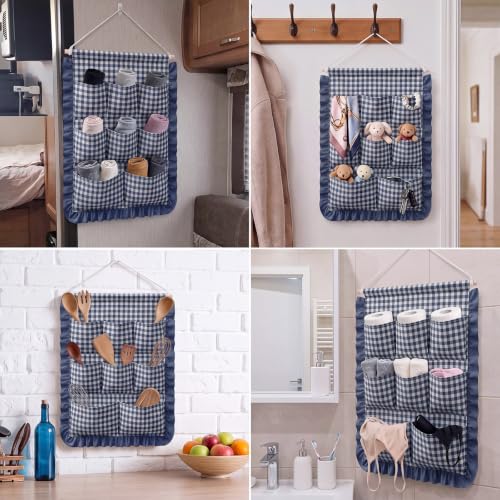 Amyhill Gingham Wall Hanging Organizer with Pocket Ruffled, Navy Blue - color: Navy Blue