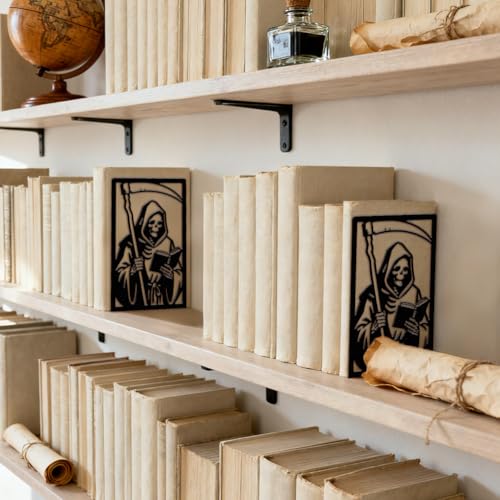 Peacoblue 5.3"x4.3"x7.9" Metal Bookends, Heavy Duty Book Ends for Shelves - style: Grim Reaper Reading Book with Sickle