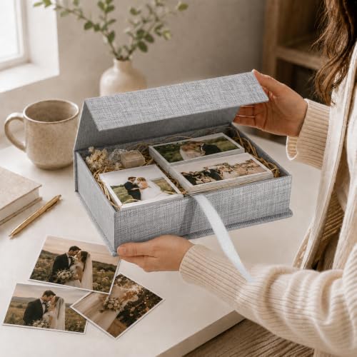 Vienrose Linen Photo Storage Box, 8"x10", Postcard Keeper, Gray - color: Gray, size: 8"x10"