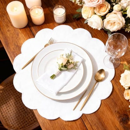 Qinyoung 6 Pieces White Cotton Placemats 13.8 Inch Scalloped placemats - size: 13.8 Inches, style: Solid Color